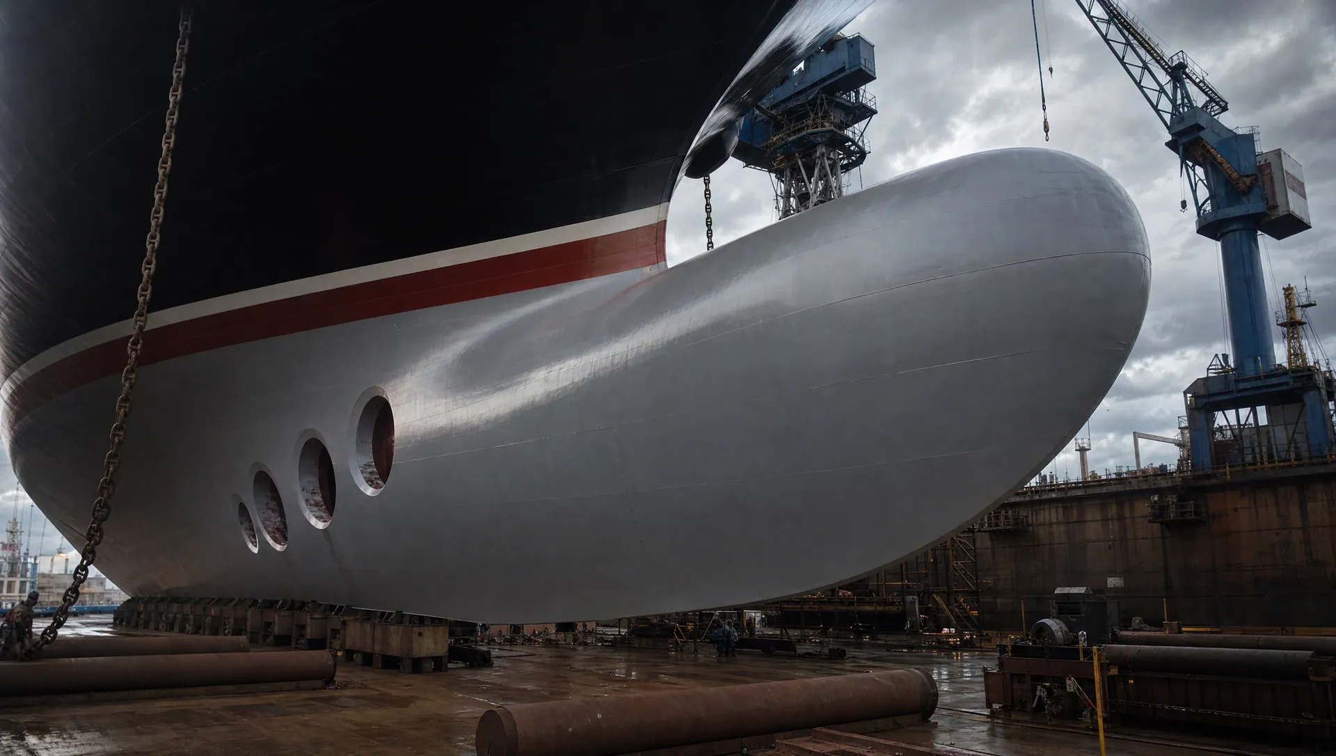 Ship hull in dry dock with protective coating