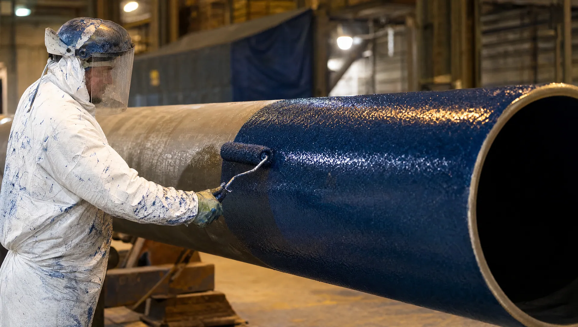 Technician applying blue glass-flake coating to a steel pipe