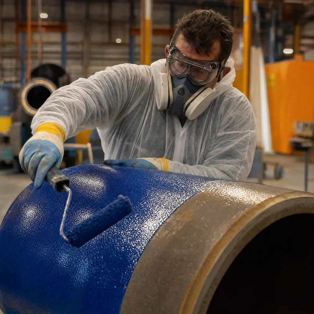 Applying glass-flake coating to a steel pipe