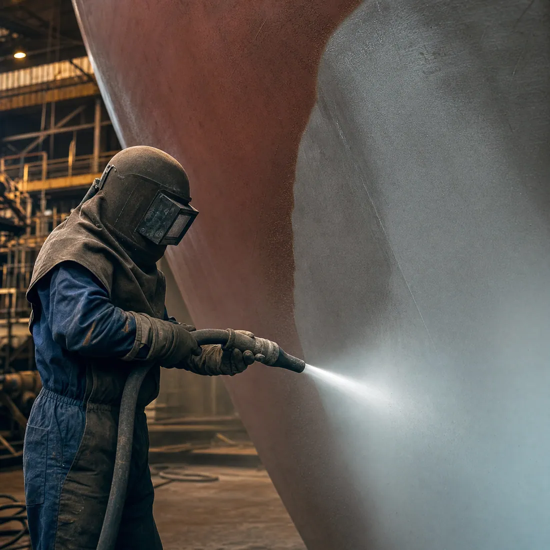 Abrasive blasting of a steel surface to SA 2.5