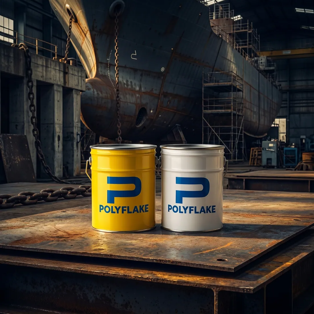 Polyflake® coating pails in a shipyard dry dock
