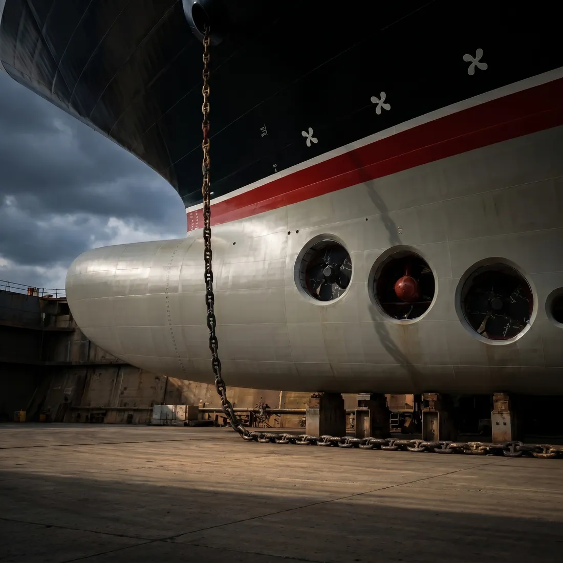 Polyglyde hull coating on a ship in dry dock